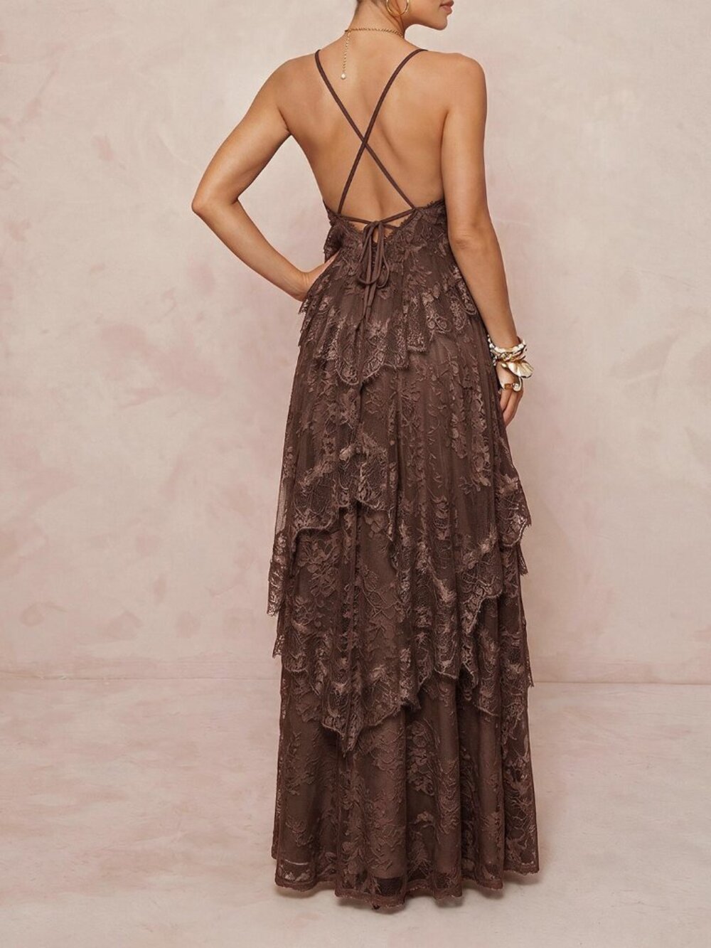 Brown Party Women's Chiffon Ruched Contrast Lace Tiered Maxi Dress - Picture 2 of 5